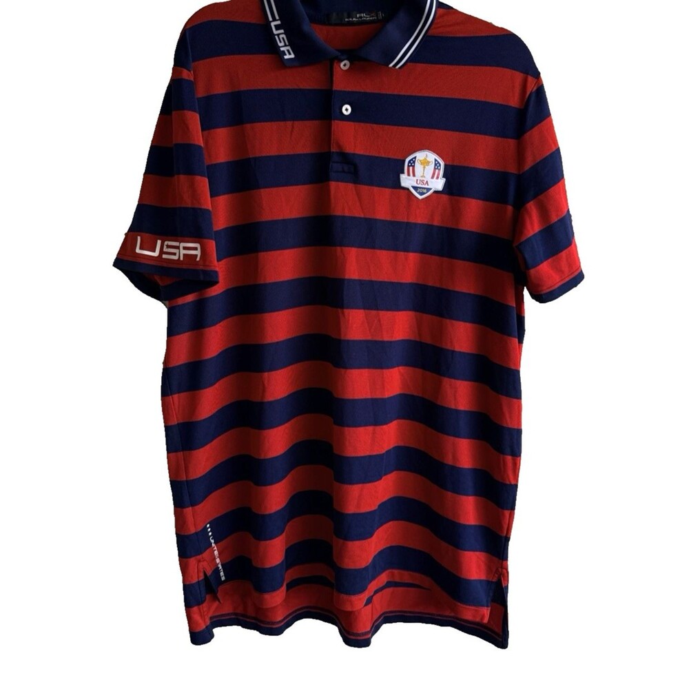 2016 USA Ryder Cup RLX RALPH LAUREN Polo Red Blue Striped Golf Shirt Mens Size L